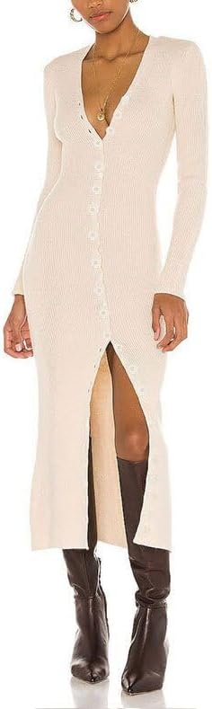 Melliflo Womens Knitted Button Up Maxi Dress Long Sleeve V Neck Sweater Dress Ribbed Bodycon Elegant Sweater Long Dresses - Image 4