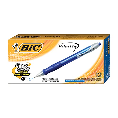 Image of BIC Velocity Retractable Ballpoint Pens, Medium Point, 1.0 mm, Assorted Barrels, Blue Ink, Pack Of 12