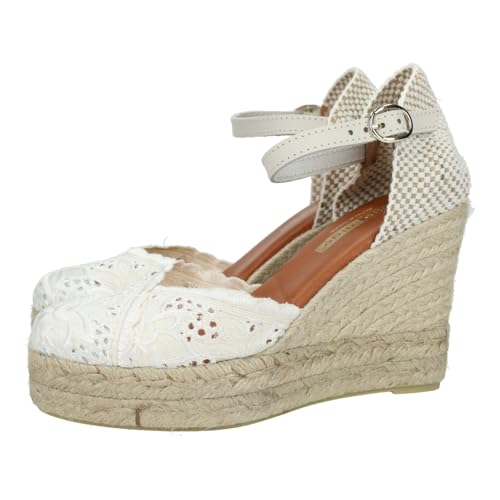 TORRES 22601 Esparteñas de Encaje para Chicas con cuña de 10cm y Plantilla de Gel, Alpargatas de Encaje con cuña, Color Crudo, Hechos en España Mujer Alpargatas Crudo 36