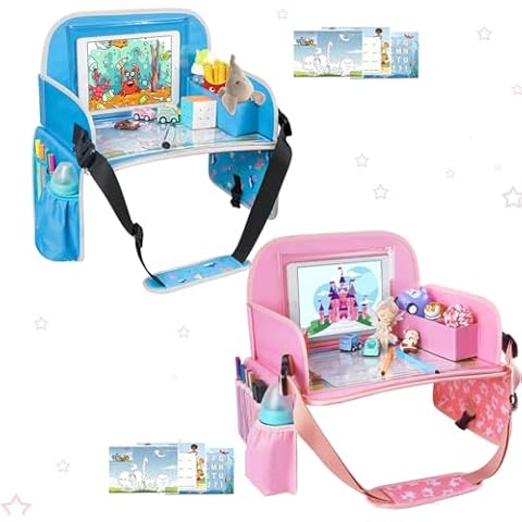 MENZOKE Bundle–2 items Kids Travel Tray with Dry Erase Board & Storage Pocket, Blue & Pink Cover