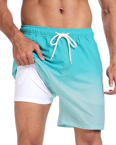 Image of Mens Swim Trunks with Compression Liner 2 in 1 Quick Dry Swimming Shorts Swimwear Bathing Suits with Pockets