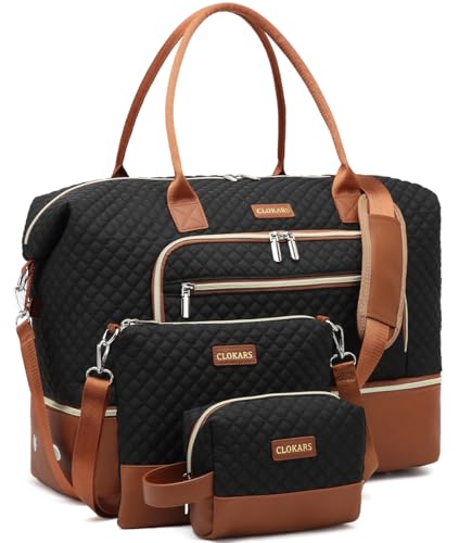 Image of Large Women Travel Duffle Bag, Weekender Bag Overnight Bag with Shoe Compartment, Carry on Bag with Crossbody Purse for Over Night, Weekend, Yoga, Gym, Business Trips, Hospital, Black Brown