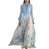 Esmube Dresses for Women Deep Sexy V Neck Chiffon Dress Elegant Boho Floral Long Sleeve Flowy Summer Pleated Maxi Dress Blue