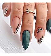 Green Press on Nails Almond Fake Nails with Leaf Designs False Nails for Women 24 Pcs