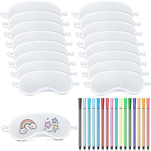 16 Pieces White Eye Masks Sublimation Coverings Sleep Shade Blindfold Eye Covering Color Your Own Eye Covering with 16 Fabric Marker Pens and a Bag DIY for Travel Game Sleepover Party Supply