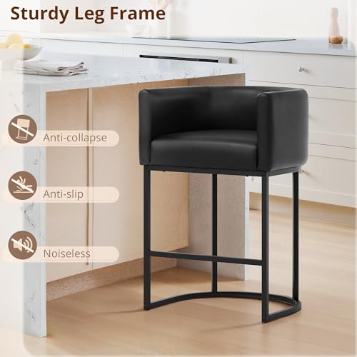 Image of LUE BONA Counter Height Bar Stools Set of 3, Modern Barrel Counter Stools with Backrest and Arms, Black Metal Frames, Faux Leather Upholstered Accent Barstools for Kitchen Island, Black
