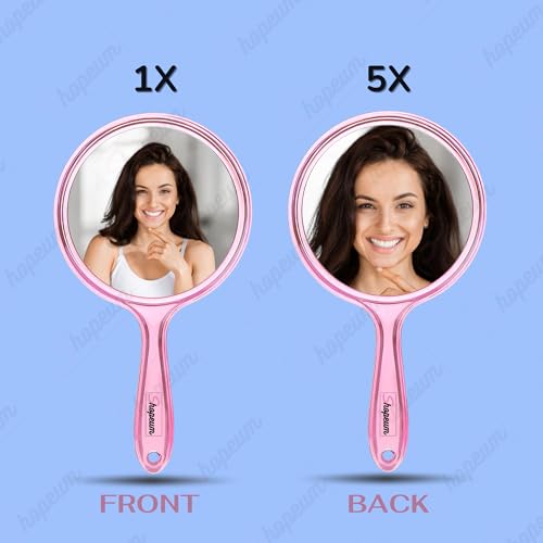 Image of Transparent Double‑Sided Hand Mirror 1X /5X Magnification - 5‑inch Round Acrylic Mirror with Handle & Hanging Hole - Lightweight Portable Makeup & Grooming Tool (Pink)