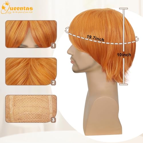 Image of QUEENTAS Unisex 10 Inch Orange Natural Straight Short Wig, Heat Resistant Synthetic Glueless Wig for Halloween Party and Cosplay