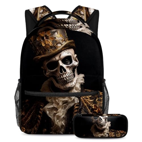 Sac à dos squelette Halloween avec trousse d'école multicolore pour élève