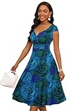 MarryUP Women Vintage 1950s Retro Casual Rockabilly Party Wedding Formal Prom Party Dress Blue Rose 3XL