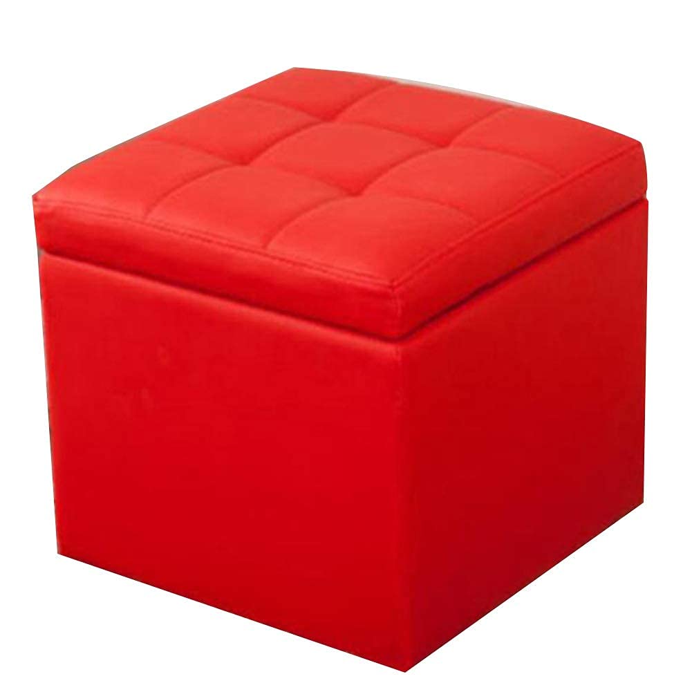 Pouf coffre de rangement rectangulaire en bois massif rouge 30x30x46 cm