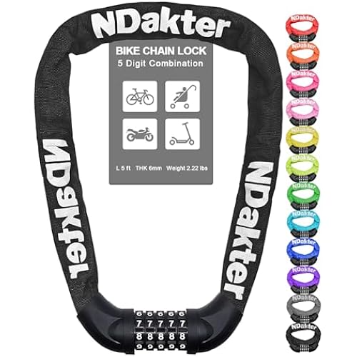 NDakter Bike Lock, 5 Digit Combination Heavy Duty Anti Theft Bicycle Chain Lock, 2.62/3.2/4.27/5/6Ft Long, High Security Resettable, Suitable for Bike, Scooter, Door, Gate, Fence-4/6mm Thick