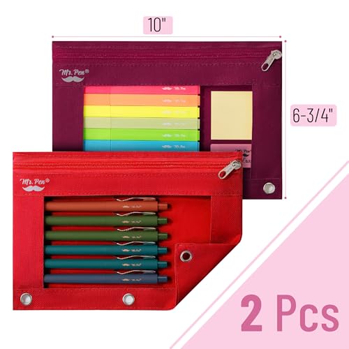 Image of Mr. Pen- Pencil Pouch for 3 Ring Binder, 2 Pack, 10 inchx6.75 inch, Smooth Zipper | Clear Window, Large Capacity Pencil Case with 3 Reinforced Grommets for School, Office, Supplies Storage | Clear Window, Large Capacity Pencil Case with 3 Reinforced Grommets for School, Office, Supplies Storage