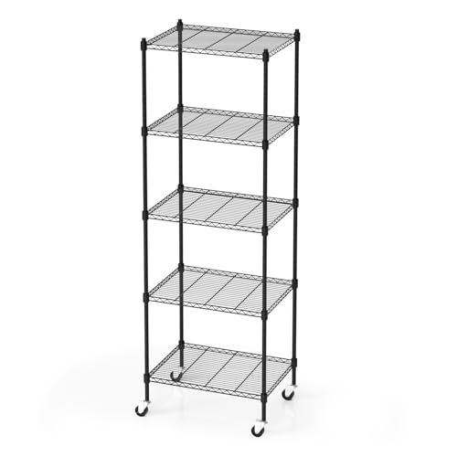 5 Tier Storage Shelves with Wheels, Heavy Duty Metal Garage Shelv...