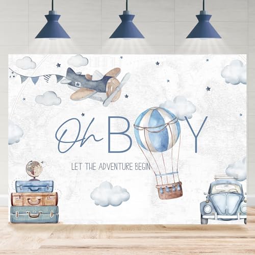 Rsuuinu Oh Boy Backdrop Let The Adventure Begin Hot Air Balloon Cloud Traveling Plane Photography Background 7x5ft Boys Baby Shower Party Decoration Supplies Banner Photo Booth Studio Props