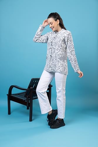 Image of Wear lusso Women Woolen Round Neck Self Design Cardigan | Heavy Hair Fabric Winter Wear | Pure Wool Long Cotty Fully Warm Cardigan Sweater