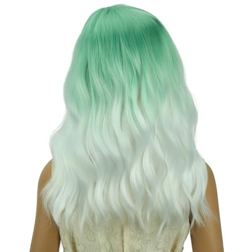 Image of PATTNIUM Girls Mint Green Ombre White Short Curly Wavy Wigs Side Part Shoulder Length Heat Resistant Synthetic Wig Halloween Cosplay Costume Party Wigs