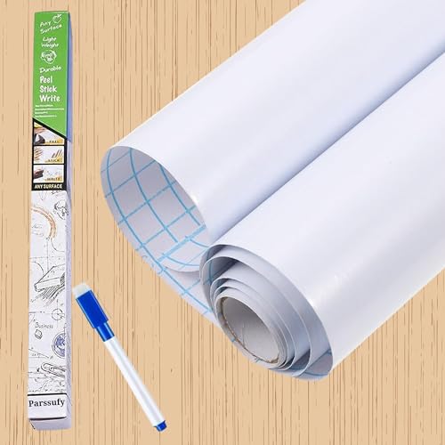 Image of Parssufy Whiteboard (60x200cm) Sticker Wall Decal,Self-Adhesive White Board Sticker Vinyl Peel and Stick Paper for School, Office, Home, Kids Drawing with 1 Marker (60 x 200 cm)