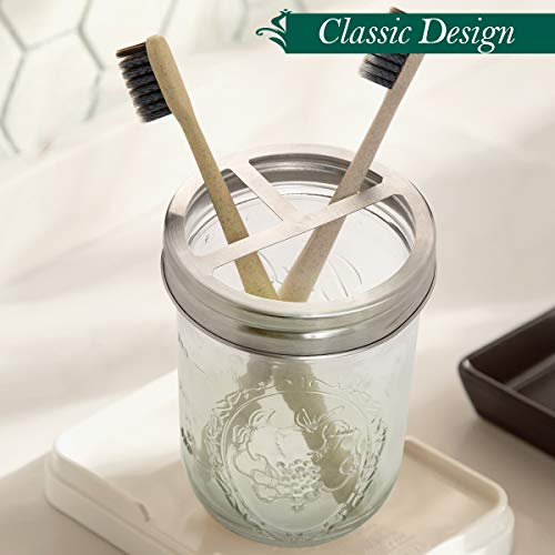 Bonris Toothbrush Holder Ball Mason Jar 16 Ounce With Silver Stainless-Steel Lid, Rustic Wide Mouth Farmhouse Decor #TOP4