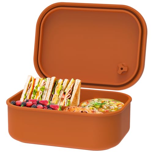 ZLHETWT Food Storage Container Silicone Food Storage Containers,Portable Container Leakproof Travel Meal Box with 4 Compartment Microwave Safe for Home Work Travel (Dark orange)
