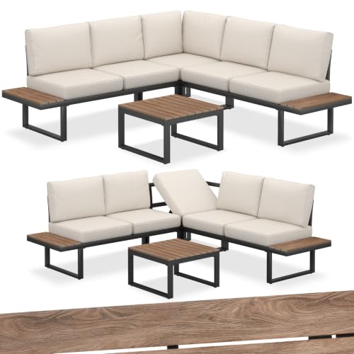 tectake® Gartenlounge Set 4-teilig, wetterfest, Gartenmöbel mit Aluminium-Gestell und Polywood-Tisch, verstellbare Rückenlehne, Gartenmöbel Set mit Kissen, Gartenlounge für Garten, Balkon, Terrasse