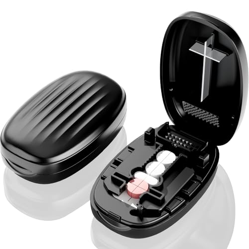 Pill Cutter Splitter for Small and Tiny Pills, 1/2 1/4 Pill Splitter for Small Pills,Vitamins, Tablets in Half or Quarters, Accurate and Easy Cutting, Stainless Steel Blade, Back Storage (Black)