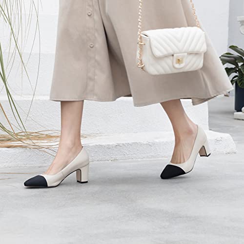 SHODENSE Women Classic Chunky Block Heel Pumps Cap Toe Two Toned 2.5" Heel Dress Shoes Slip On Almond Closed Toe Dress Sandals Patchwork Colorblock Formal Office Work Pump Wedding Evening 4-11 M US4