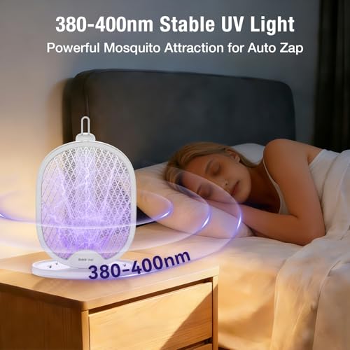 Image of BALDR Electric Fly Swatter Racket, Foldable 2 in 1 Bug Zapper 3000V Powerful Mosquito Killer with Purple Attractant Trap Lamp, 1200mAh Type-C Rechargeable for Indoor Home Office Patio Camping