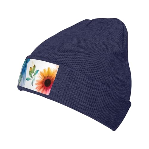 Migpkd Gorro unisex con diseño de hojas de flores para hombres y mujeres, gorros de punto de invierno, gorros cálidos con puños, a la moda, azul marino, Talla única
