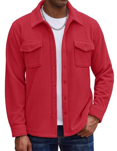 COOFANDY Mens Shirt Jacket Long Sleeve Polar Fleece Shacket Casual Button Down Shirts with Pockets Red