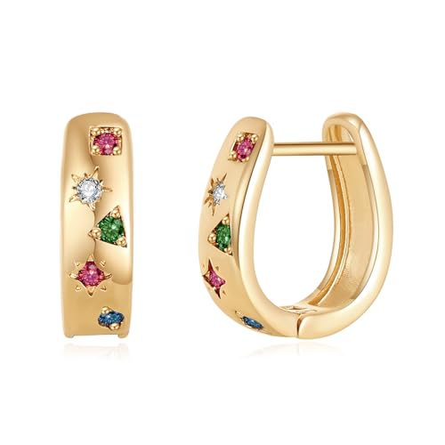 Chunky Gold Cubic Zirconia Hoop Earrings for Women Trendy,Colorful Gold CZ Statement Earrings,Crystal Geomertic Earrings Jewelry Party