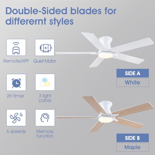 Image of 52 inchModern White Low Profile Flush Mount Ceiling Fans with Light and Remote | Supports Remote and APP, 6 Wind Speeds, Reversible, Dimmable 3 Light Colors LED Light, Noiseless 30W DC Motor,2H Timer