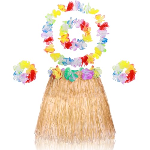 Abeillo 5 Pack Hawaiian Hula Grass Skirt Hula Dancing Skirt with Flower Costume Accessory Hawaiian Hula Party Dress Up(Gold)