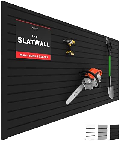 Slatwall Panel Garage Wall Organizer: Heavy Duty Wall Mounted PVC Wall Rack, Interlocking Slat Wall Paneling for Garage Wall Storage, Slatwall Board, Slatwall Shelves System -Black (2’H x 4’W)