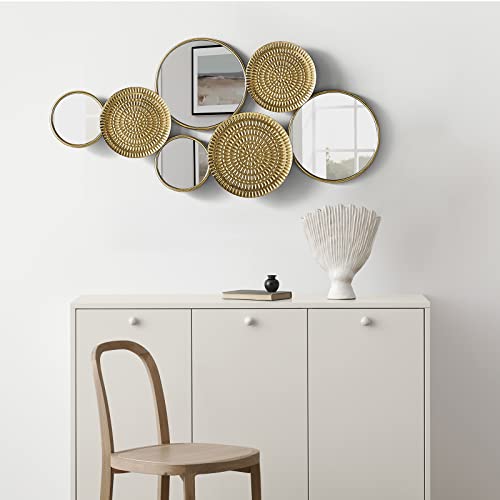 Oakrain Home Decor Metal Wall Decor With Multi Circle Plates Mirror, Large Modern Wall Art Sculpture Decor For Living Room, Office, Bedroom, 45.3 X 1.9 X 21.6 Inches, Gold #TOP4