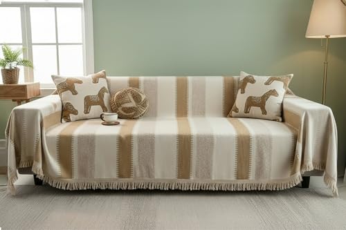 Image of The Furnishing Tree Reversible Double Sided Chenille Throw Sofa Cover, Anti-Slip Couch Cover, Comfy Sofa Towel for All Seasons, 3 Seater, Beige and Cream with Light Brown stripes