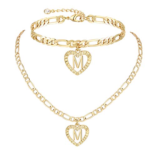 YANODA Gold Initial Pendant Necklace Anklet Bracelet for Women 14K Gold Plated Figaro Chain Letter Initial Heart Necklace Anklets Alphabet Foot Jewelry Personalized Jewelry for Women