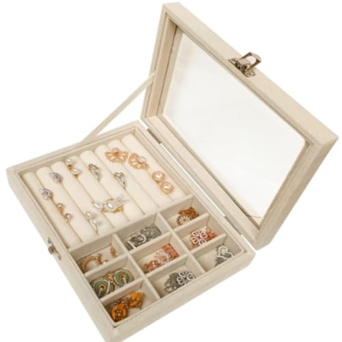 Porta Joias Organizador com Tampa de Vidro | Estojo para Anéis, Brincos e Colares | Acabamento em Veludo | Cor: Bege