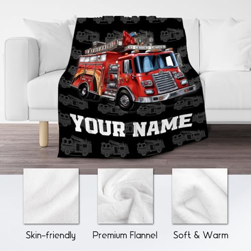 Toddler Blankets for Boys, Personalized Cozy Soft Fire Truck Throw Gifts for Kids, Black Flannel Firefighter Blankets for Bed Travel, 50x60 Inches