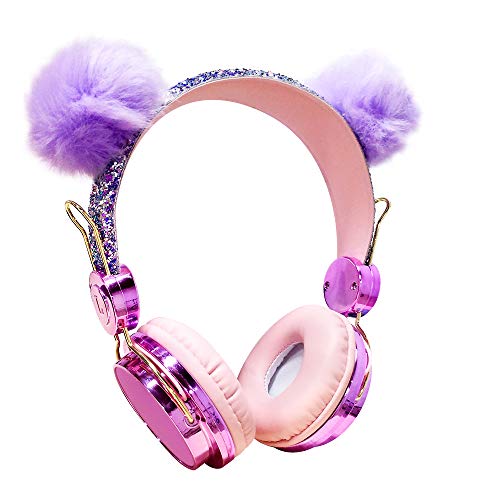 Kids Headphones, Cute Bear Ear Wired Over Ear Girls Headphones, Adjustable Headband, 3.5mm with MIC for Cell Phones Tablets MP3/4,Sparkly Headband for School Travel Christmas Birthday Gifts (Purple)