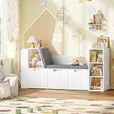 HOCSOK Kinderregal, 156 cm Bücherregal Kinder mit Sitzbank, Spielzeugregal Kinderzimmer Aufbewahrung mit Boxen auf Rollen, Kinderzimmer Regal Weiß, 80×38×156 cm
