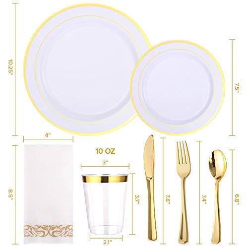700 Count Gold Dinnerware Set-200 Plastic Plates- 300 Gold Plastic Silverware-100 Gold Plastic Cups-100 Disposable Hand Towel- Disposable Gold Dinnerware Set For Halloween, Christmas, Thanksgiving #TOP4