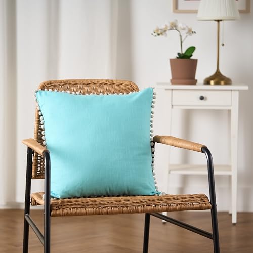 Image of 100% Cotton Pom Pom Cushion Without Filler, Elegant & Modern Cushion Cover for Living Room, Square Shape, 16 inchx16 inch, uni slub, Set of 2 - Baby Blue