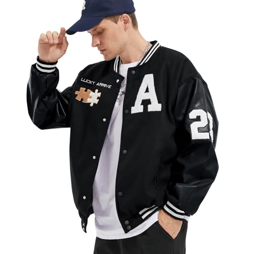 Image of Mens Varsity Jacket Baseball Bomber Jacket Vintage Unisex Streetwear Coats with Patchwork Hipster Utility Tops
