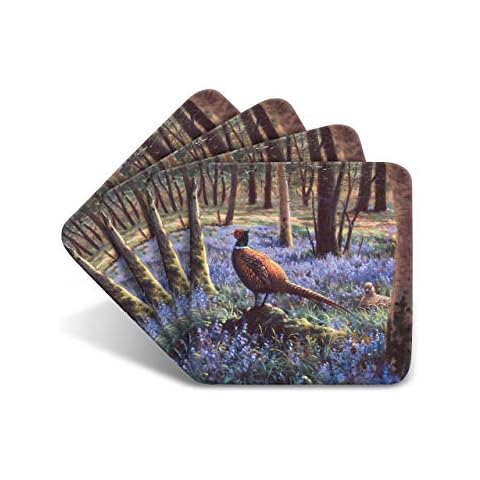 Pheasant Bluebells Drinks Coasters by Wildlife Artist Julian Friers - Set of 4 Pheasant Coasters - Non-Slip, Cork Table Coasters Cover