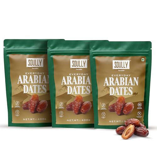 Image of Soully Arabian Dates 400g (Pack of 3) | Premium Arabian Khajoor | High in Fibre Arabian Dates | No Added Sweeteners or Preservatives | Healthy Snacks khajur | Healthy Dates for Snacking | Dry Fruits