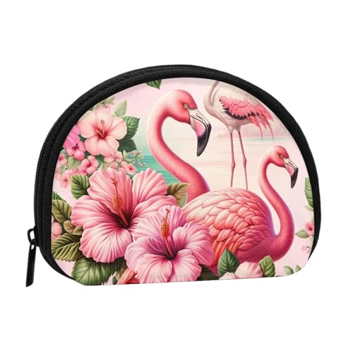 Portable Coin Purse Flamingos-Hibiscus Mini Zippered Money Pouch Card Holder