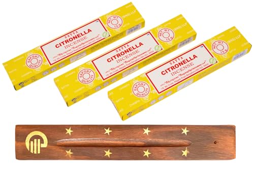 Original Satya Citronella Incense Sticks Pack of 3X 15G with Greensense Holder for Aromatherapy, Spa, Yoga, Weddings, Meditation, Healing, Positivity and Relaxation