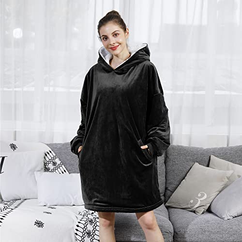 AmyHomie Sherpa-Lined Wearable Blanket Hoodie — Oversized Black — view 8