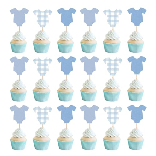 Auroriel 48 peças macacão azul feliz aniversário decoração de Cupcake tema Gingham azul decoração de festa Baby Shower decoração de bolo decoração de Cupcake decoração